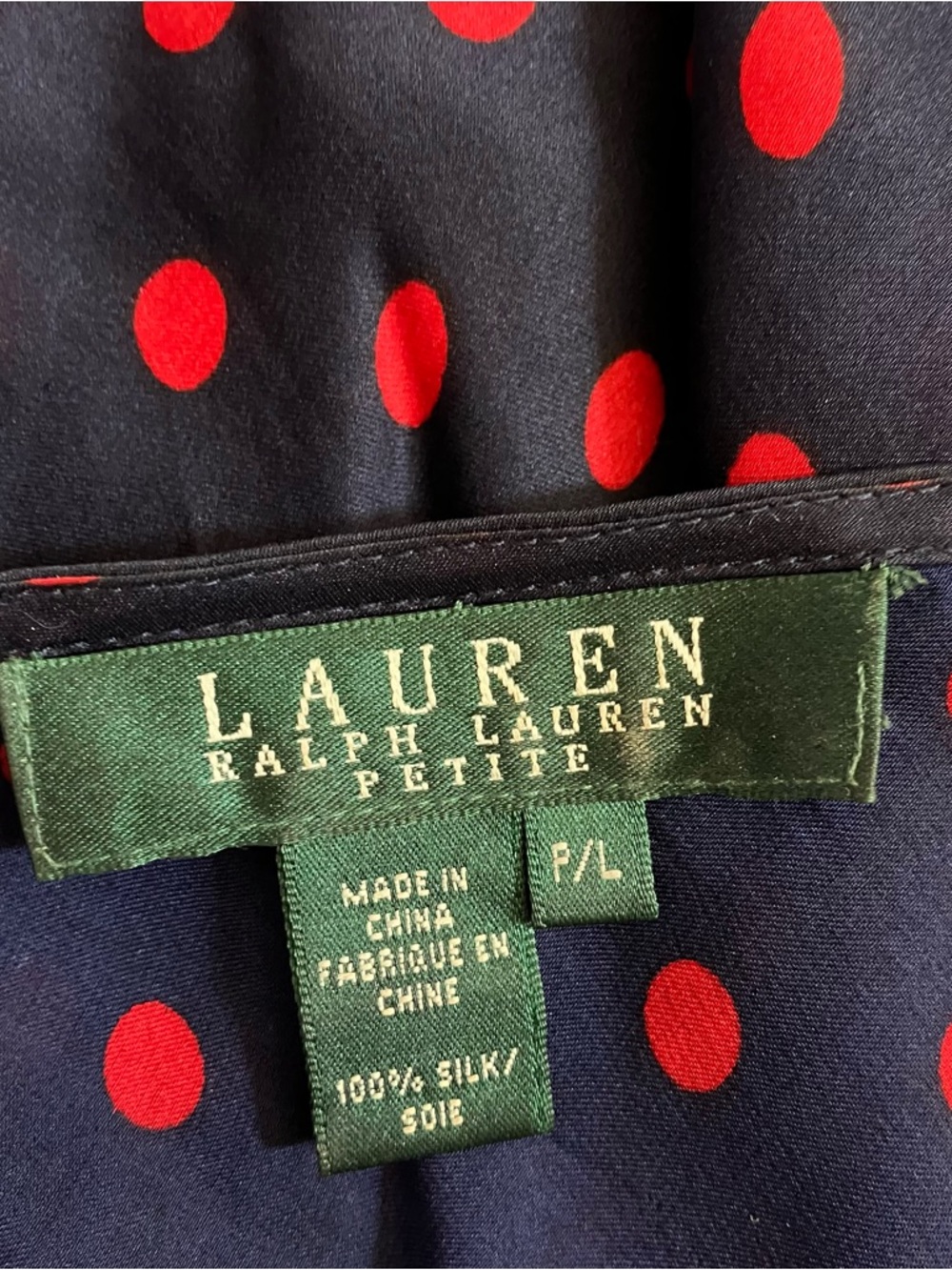 Lauren Ralph Lauren Vintage Blue & Red Polka Dot Flutter Hem Silk Blouse size PL - Picture 5 of 8